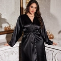 Elegant black satin bathrobe for women with long sleeves and matching waist tie - Black