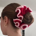 Knitted ruffle scrunchie in vibrant red with pink edges for versatile hair styling - Red with Pink Edge