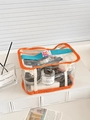 Neceser de PVC transparente con ribete naranja y asa azul para organizar cosméticos - Naranja Grande