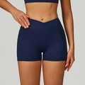 Dark blue high-waisted yoga shorts with V-cross waistband and side pockets - Midnight Blue