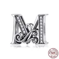 925 Sterling Silver letter M charm bead with sparkling white cubic zirconia pavé - Letter M
