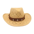 Beige straw cowboy hat with ethnic patterned band and decorative metal coins - Beige (Silver Coin Decor)