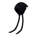Gorro de punto grueso negro con orejeras y lazos largos para mujer invierno - Negro