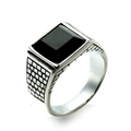 Mens stainless steel signet ring with large rectangular black stone and textured sides - US 7 / Silver Black