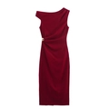 Elegant burgundy linen-blend midi dress with one-shoulder design and gold buckle detail - S / Burgundy