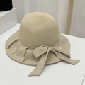 Cappello da sole in paglia beige da donna con grande fiocco elegante e tesa larga - S(54-56cm) / Beige (Cappello di paglia con fiocco patchwork 29)