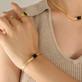 Hip-hop gold metal blade chain jewelry set with black and green zircon gemstones - Black Zirconia Gold Bracelet (E377)