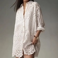 White eyelet embroidery long-sleeve shirt dress with collar and button detail - XL / White