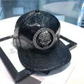 Black snake pattern faux leather baseball cap with a rhinestone skull metal emblem - Black - Circle Skull