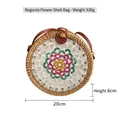 Handcrafted round rattan shell bag with white and purple floral inlay and brown strap - Begonia Flower Shell