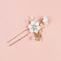 Peigne à cheveux de mariée élégant avec fleurs en céramique blanches et feuilles d'or - Épingle à cheveux 2 fleurs / Blanc