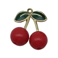 DIY cherry fruit pendant in red enamel with green leaves and gold-plated metal loops - 3D Large Enamel Cherry 27x23mm