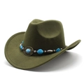 Detail of army green felt cowboy hat with turquoise and vintage metal bead band - M(56-58cm) / Army Green