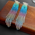 Rainbow gradient rhinestone tassel earrings with long vertical fringe in silver finish - 126# Silver Pin Blue-Yellow