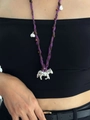 Close-up of ethnic purple braided cotton cord necklace with wooden beads and zebra pendant - 6# Necklace Purple Silver Fabric Woven
