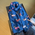 Blauer Baumwollschal mit bunten Dackelmuster und Fransen für Damen, 180x90cm - 180x90cm / Blau