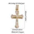 Golden brass cross pendant with micro-paved zircons and heart stone, 40mm x 21mm - Heart Center Cross Pendant