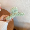 Light green faux fur hair claw clip with crystal letter metal logo for women - Green Plush Letter Hair Claw