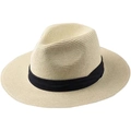 Classic cream Panama straw hat with black ribbon band for summer beach sun protection - M (56-58cm) / Beige (Three-Fold Band)