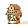 Wooden Christmas cabin ornament with skiing snowman pattern and warm LED light - Double Roof Snowman Style
