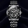 Black stainless steel men's watch with skeleton dial and chronograph features - Pure Black