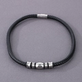 Bracelet tressé en cuir noir pour homme avec détails en acier argenté poli - Collier (KN282878-TXH)