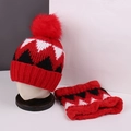 Winter red knitted hat and scarf set with geometric pattern and faux fur pom pom - Red Wave Pattern Jacquard Knit Hat and Scarf Set
