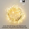 Set of 2 warm white LED string lights, 6m 200 LEDs each with remote and EU plug - 12m 400LED Plug-in Set / Silver Wire Warm White