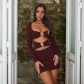 Long sleeve burgundy cutout bodycon dress with beaded details and high-end fashion styling - S / Burgundy