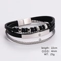 Mehrlagiges Herrenarmband aus schwarzem Leder und silberner Stahlkette, 22 cm Länge - Polierte Metallplatte schwarze Perlen Kombination (Stil 9)