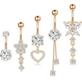 Set of 5 rose gold belly rings with cubic zirconia charms in heart and flower designs - Rose Gold