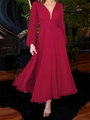 Elegant deep red V-neck maxi dress with long sleeves and pleated chiffon finish - S / Burgundy
