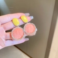 Detail of pink plush ring earrings with yellow enamel top and sparkling white crystals - Yellow Enamel Pink Fur Ball (9#)