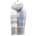 Thick plaid winter scarf in blue, white, and beige with tassels on a mannequin - Blue White