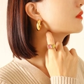 Pendientes de titanio dorado en U y anillo ancho con piedra preciosa rosa rectangular - Pendientes en Forma de U / Dorado
