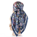 Dark blue satin square scarf with vintage floral paisley print worn on a head - Navy Blue