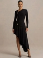 Elegant black off-shoulder long sleeve dress with golden ring accents and ruffled hem - S / Black