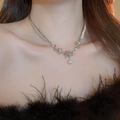 Elegant pearl and silver floral choker necklace with a vintage rose pendant detail - Silver Vintage Floral (65#)