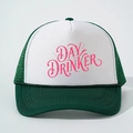 Classic green and white trucker hat featuring pink Day Drinker text with mesh back - One Size / White & Dark Green