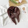 Elegant coffee brown pleated silk scarf for women displayed on white fabric and wood - 70*70cm / Pleated Coffee