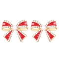 Elegant red bow stud earrings with sparkling crystals and pearl on gold base - Red