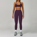 Deep purple backless yoga set featuring a halter neck sports bra and high-waist leggings - S / Bra Style 2 + Leggings / Dark Purple
