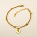 Bracelet double couche en acier inoxydable doré avec pendentif rond lettre S - Lettre S (S-H202-S)
