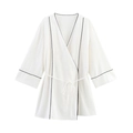 Summer V-neck contrast piping kimono jacket with wide-leg pants in white cotton linen - XS / Tops
