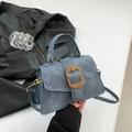Blue denim texture vintage handbag with gold hardware and top handle for women - Blue