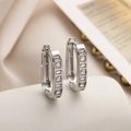 Minimalist silver geometric U-shaped earrings with square cubic zirconia on beige backdrop - Silver Geometric Hoop (44183)