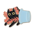 Enamel pin of a black cat popping out of a blue flower pot with pink plants - Black Cat with Inverted Blue Pot