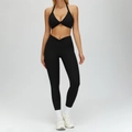 Black yoga set with halter sports bra and high-waisted cross waist leggings for workout - L / Top And Bottom / Sports Bra + Leggings / Premium Black