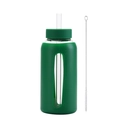 800ml forest green glass water bottle with silicone sleeve, straw and cleaning brush set - Green