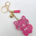 Pink cartoon cat keychain with rhinestones, golden bell and matching pink tassel charm - Rose Red White Whiskers